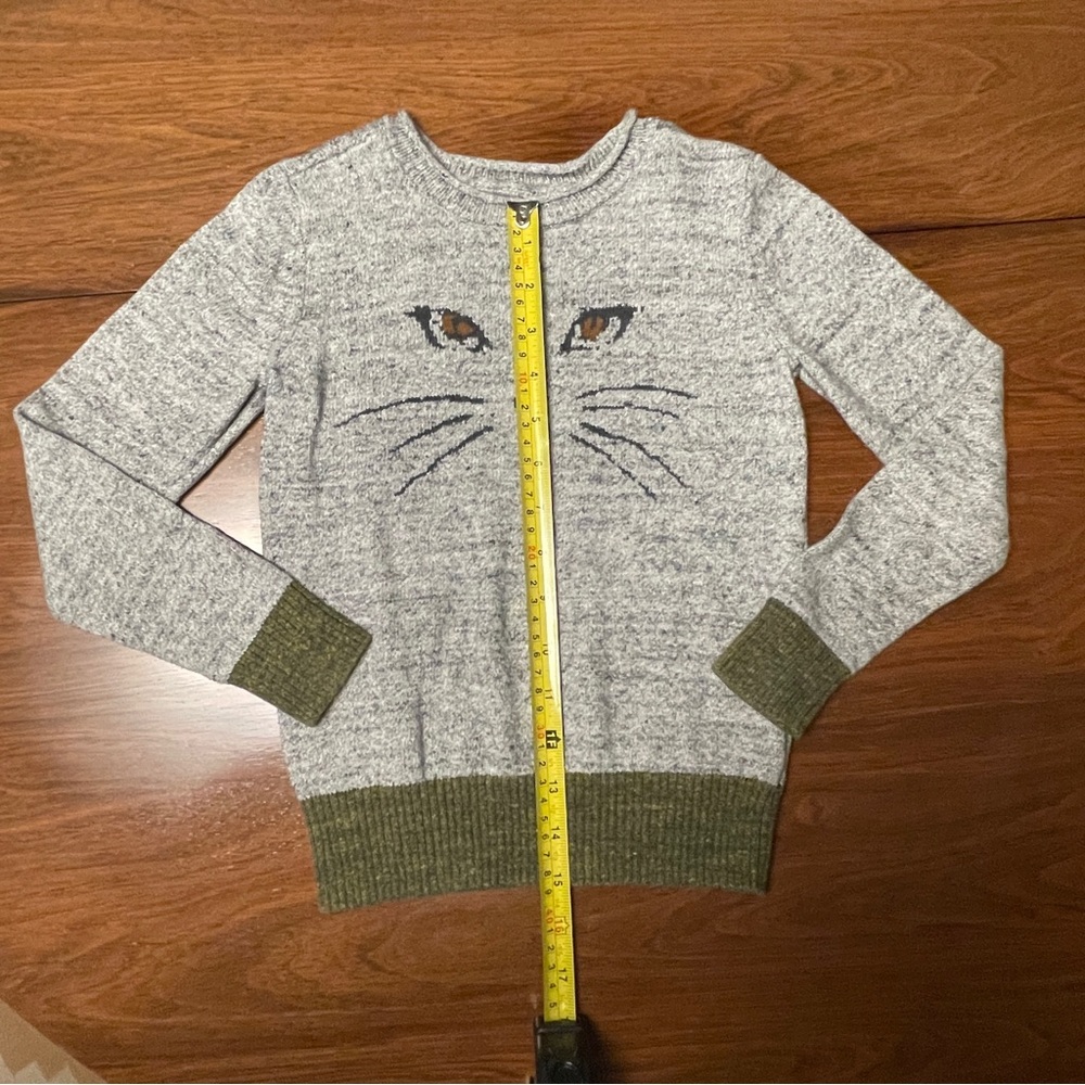 Kids GAP Heather Gray Sweater with Cat Face and Olive Trim 100% cotton sz 6/7 - Picture 6 of 9